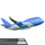 Blue and white commercial airplane viewed from below flying in the sky.