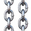 Close-up of interlinked shiny metal chain links on a white background.