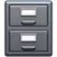 Two-drawer gray metal filing cabinet with label holders.
