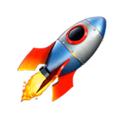 Cartoon rocket with red fins and blue nose cone blasting off with fire and smoke.