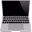 Close-up of a laptop keyboard and touchpad with a blank screen in a grayscale photo.