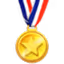 Gold sports medal with a star embossed on the front, hanging from a red, white, and blue striped ribbon.