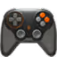 Black video game controller with two analog sticks, a directional pad, and orange buttons.