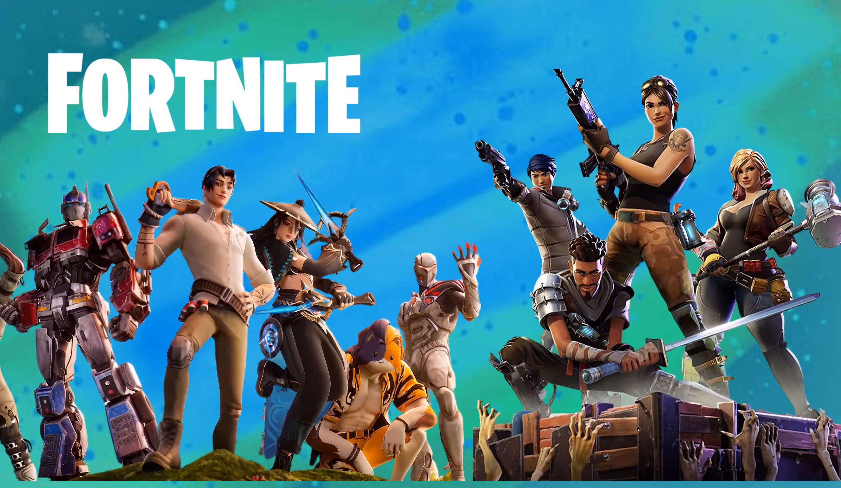Group of Fortnite characters in various action poses with the Fortnite logo on a blue-green background.