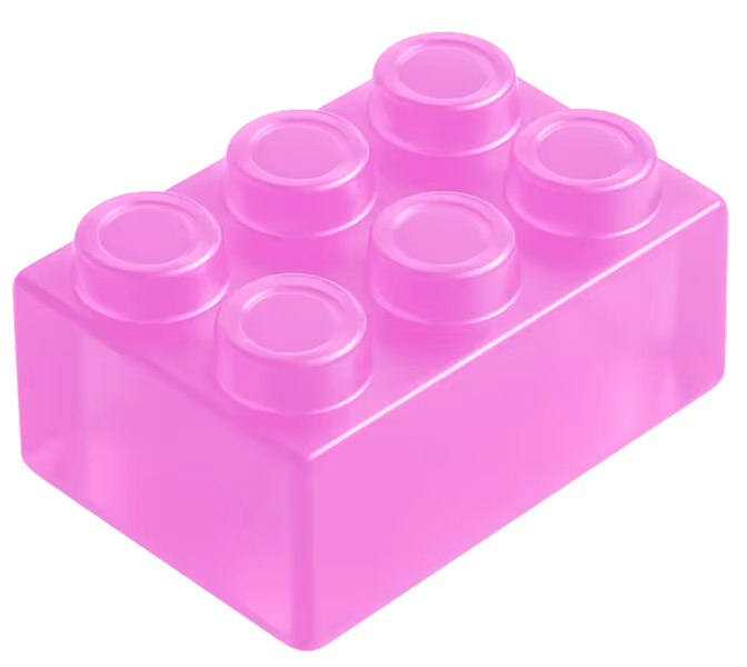 Translucent pink plastic toy building block with six circular studs on top.