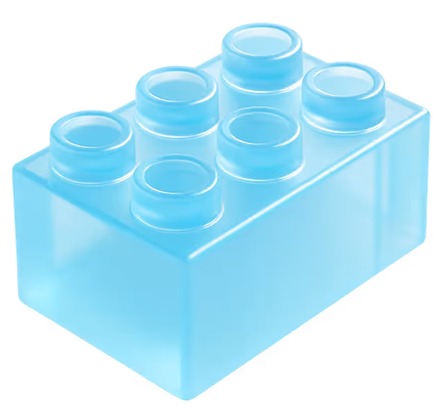 Transparent blue plastic building block with six round studs on top.