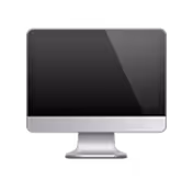 Modern desktop computer monitor with a black screen and silver stand.