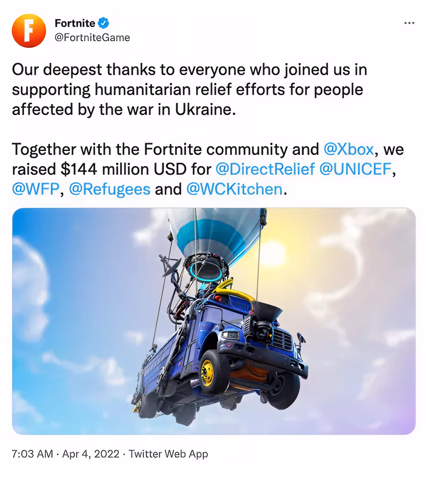 Fortnite tweet thanking supporters for raising $144 million for humanitarian aid in Ukraine, featuring an image of the Fortnite Battle Bus floating in the sky.