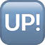 Blue square button with rounded corners featuring the white text 'UP!'