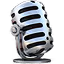 Silver retro-style studio microphone with black grille slots against white background.
