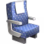 Blue upholstered chair with white armrests and metal legs.