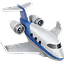 Small white airplane with blue stripes viewed from above.