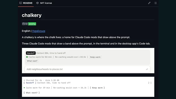 A Ukrainian created Chalkery — an open-source mod pack for controlling tokens, cache, and hints in Claude Code