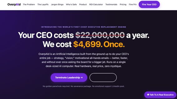 Топам теж прилетіло: сатиричний стартап OverpAId пропонує замінити CEO на ШІ, а зарплату — роздати команді